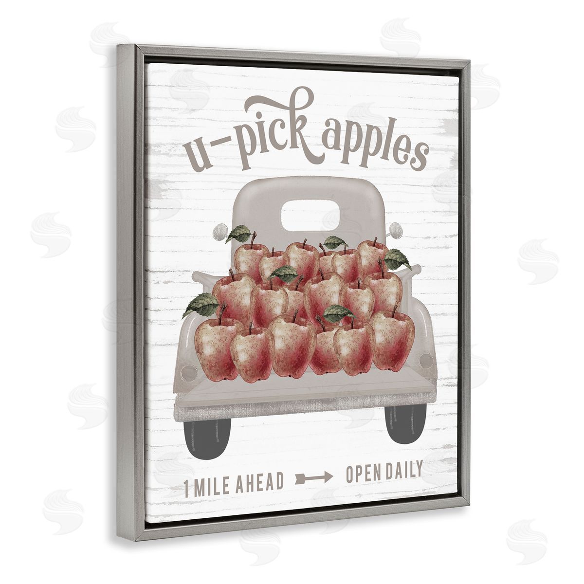 Lettered and Lined U-Pick Apples Autumn Harvest Truckload Rustic Sign Gray Floating Frame Canvas Wall Art Print