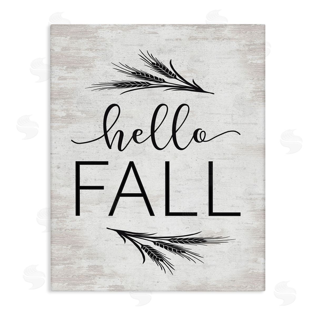 Lettered and Lined Hello Fall Rustic Calligraphy Wheat Sprigs Botanical   Stretched Canvas Wall Art Print