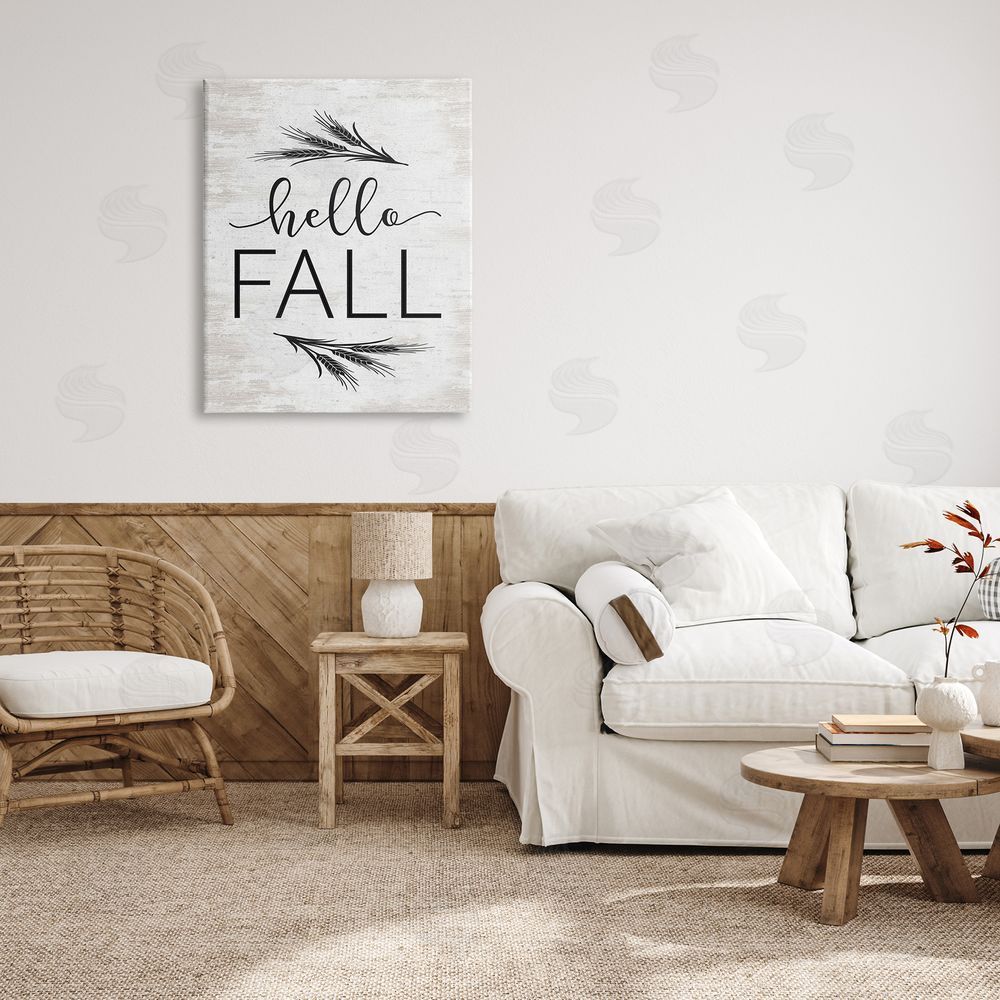 Lettered and Lined Hello Fall Rustic Calligraphy Wheat Sprigs Botanical   Canvas Wall Art Print in Room