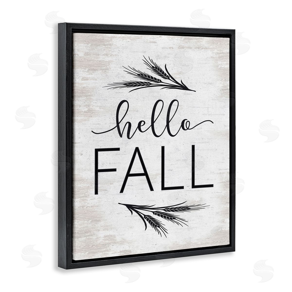 Lettered and Lined Hello Fall Rustic Calligraphy Wheat Sprigs Botanical   Black Floating Frame Canvas Wall Art Print