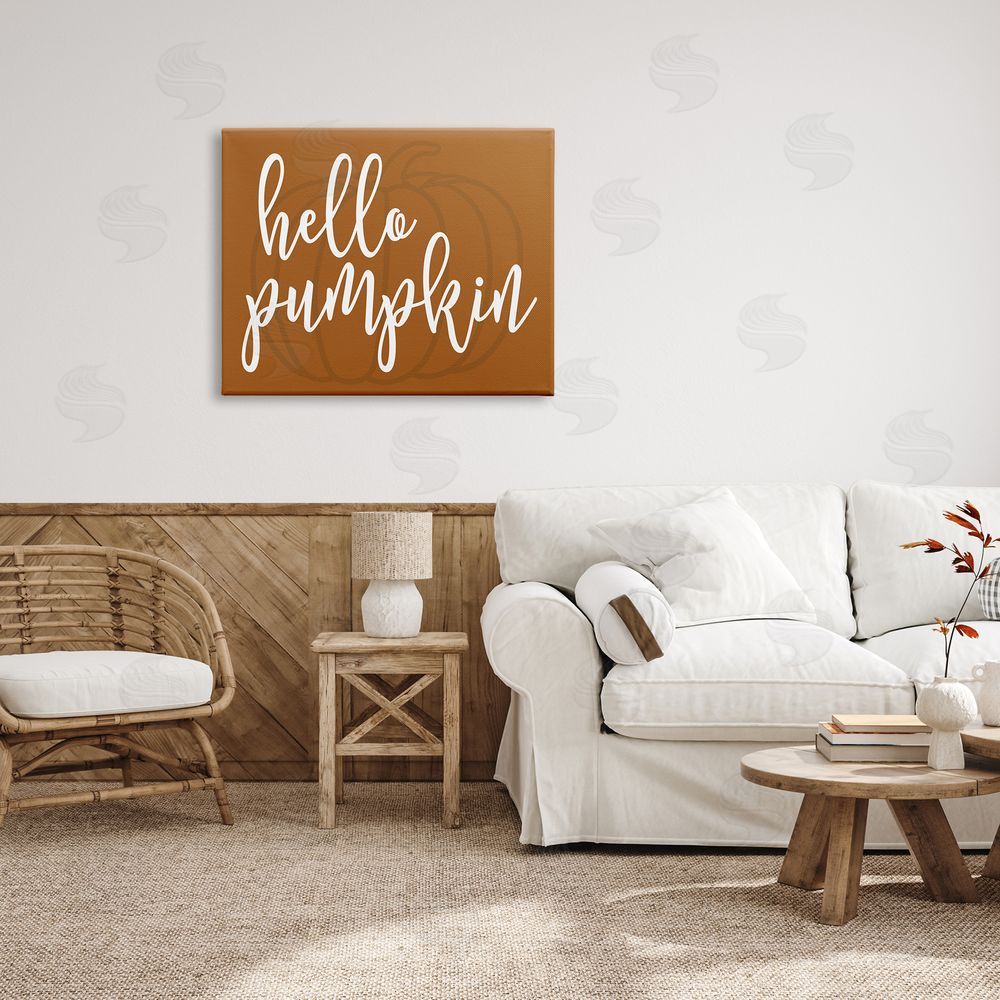 Lettered and Lined Hello Pumpkin Romantic Autumn Script Phrase  Canvas Wall Art Print in Room