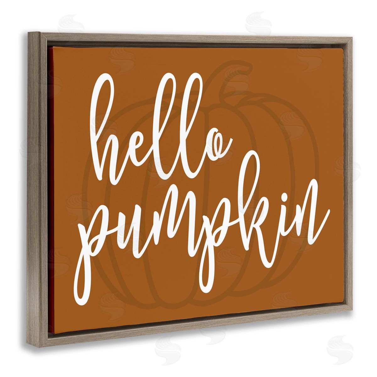 Lettered and Lined Hello Pumpkin Romantic Autumn Script Phrase  Brown Floating Frame Canvas Wall Art Print