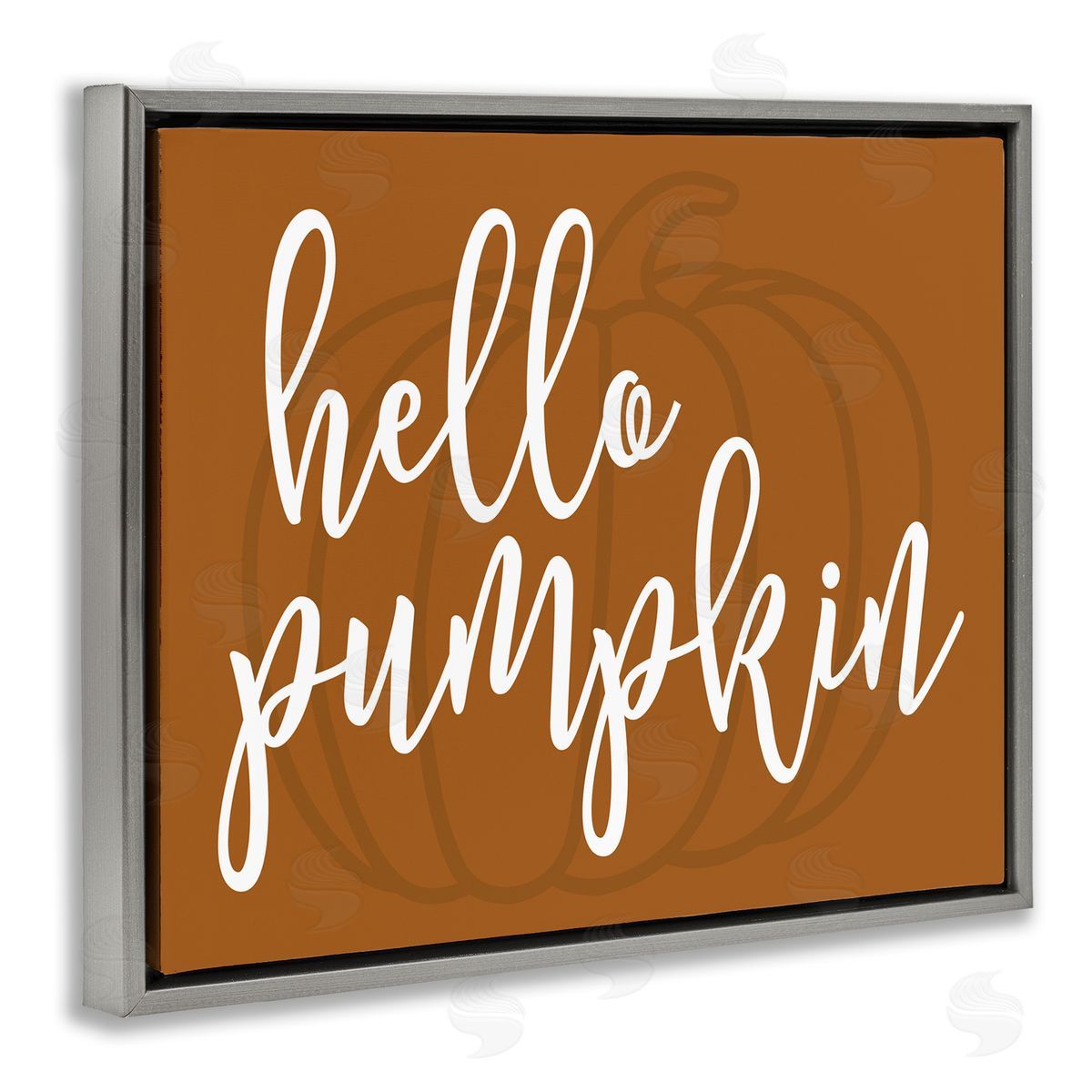 Lettered and Lined Hello Pumpkin Romantic Autumn Script Phrase  Gray Floating Frame Canvas Wall Art Print