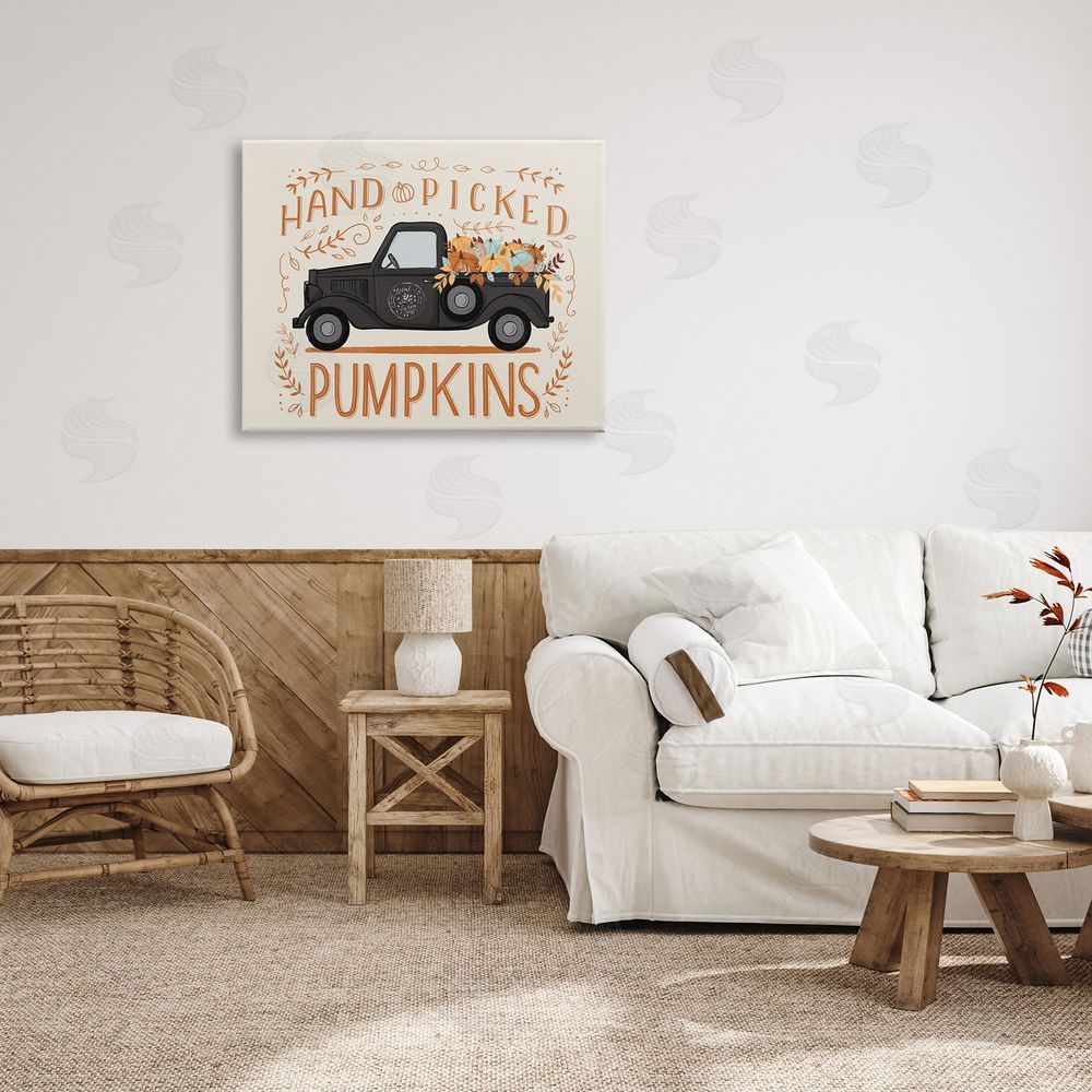 Loni Harris Hand Picked Pumpkins Truck Botanical Arrangement  Canvas Wall Art Print in Room