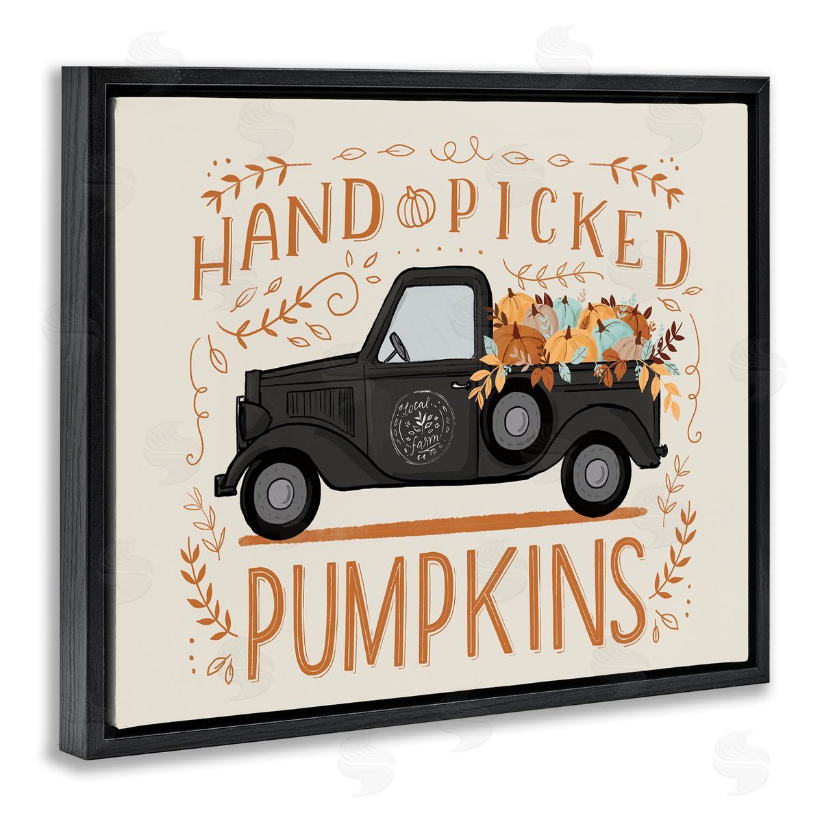 Loni Harris Hand Picked Pumpkins Truck Botanical Arrangement  Black Floating Frame Canvas Wall Art Print