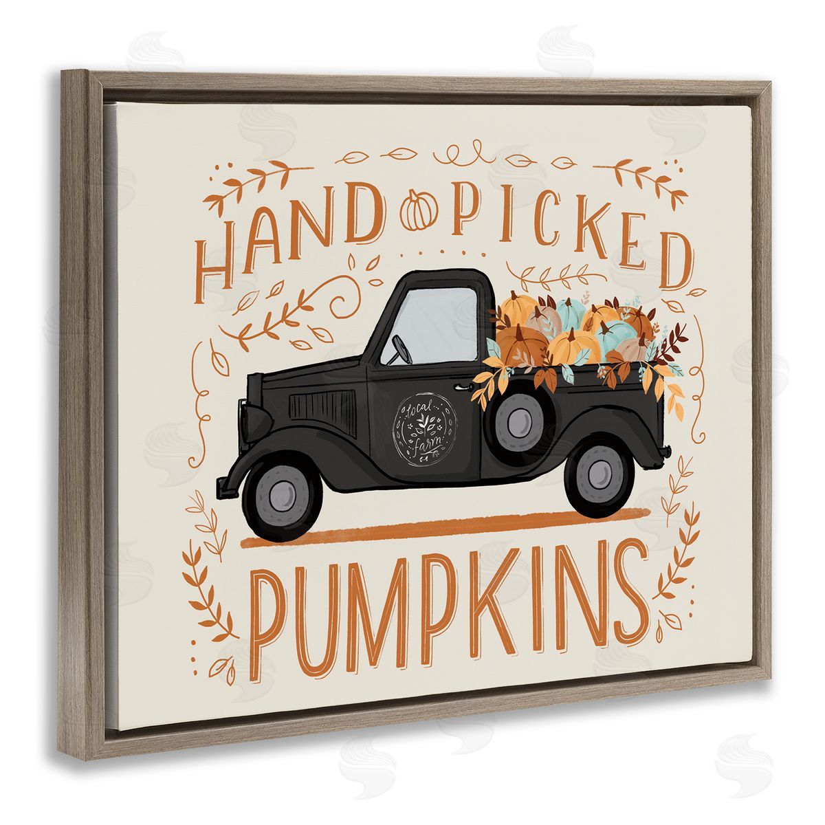 Loni Harris Hand Picked Pumpkins Truck Botanical Arrangement  Brown Floating Frame Canvas Wall Art Print