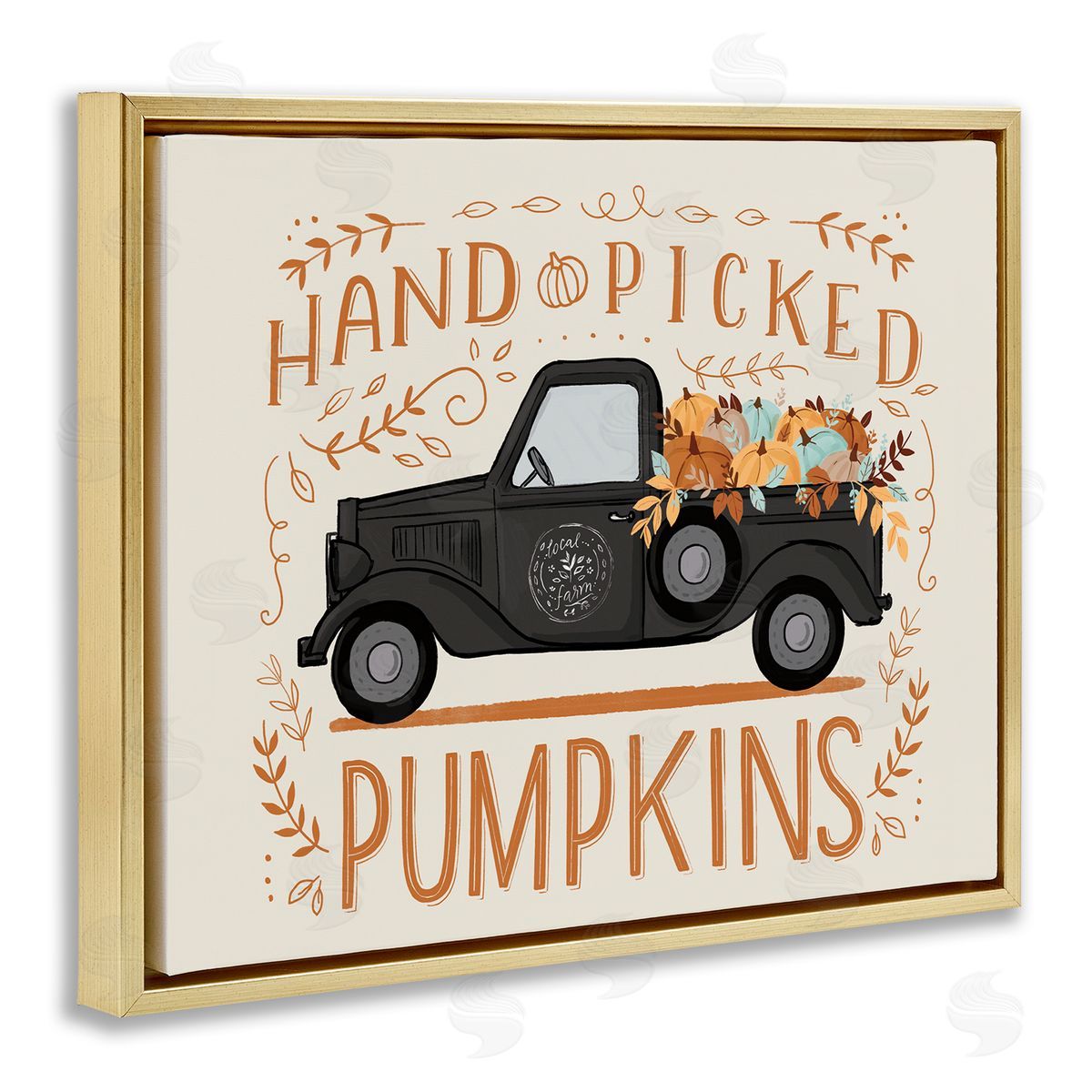 Loni Harris Hand Picked Pumpkins Truck Botanical Arrangement  Gold Floating Frame Canvas Wall Art Print