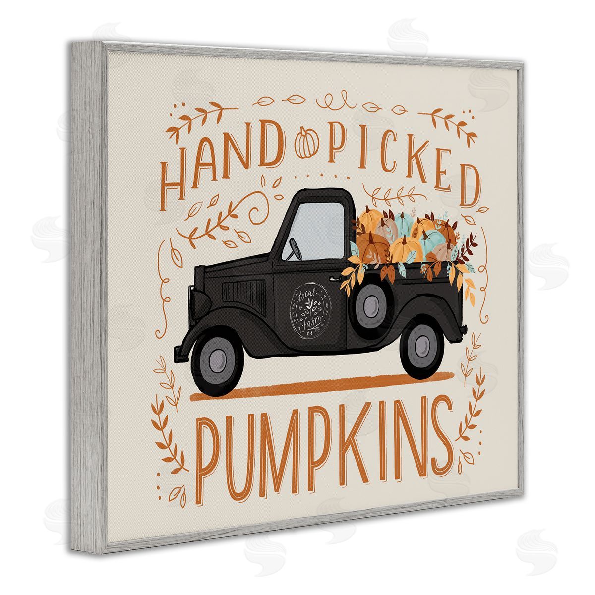 Loni Harris Hand Picked Pumpkins Truck Botanical Arrangement  Gray Framed Giclee Wall Art Print