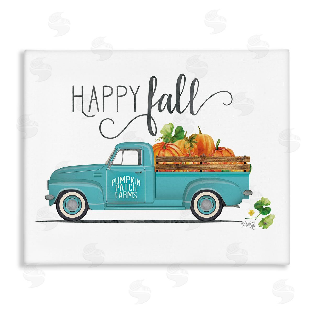 Marla Rae Happy Fall Blue Farm Truck Carrying Pumpkins  Stretched Canvas Wall Art Print