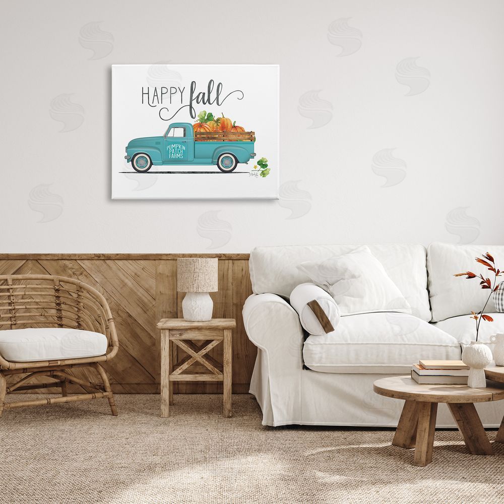 Marla Rae Happy Fall Blue Farm Truck Carrying Pumpkins  Canvas Wall Art Print in Room
