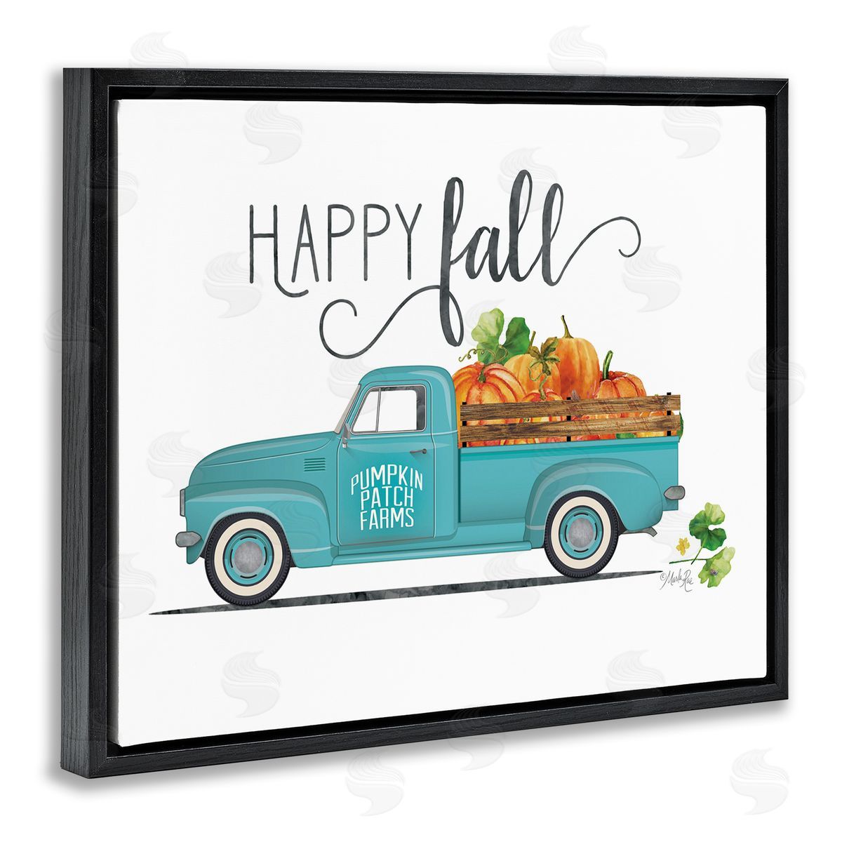 Marla Rae Happy Fall Blue Farm Truck Carrying Pumpkins  Black Floating Frame Canvas Wall Art Print