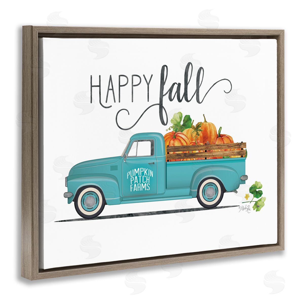 Marla Rae Happy Fall Blue Farm Truck Carrying Pumpkins  Brown Floating Frame Canvas Wall Art Print