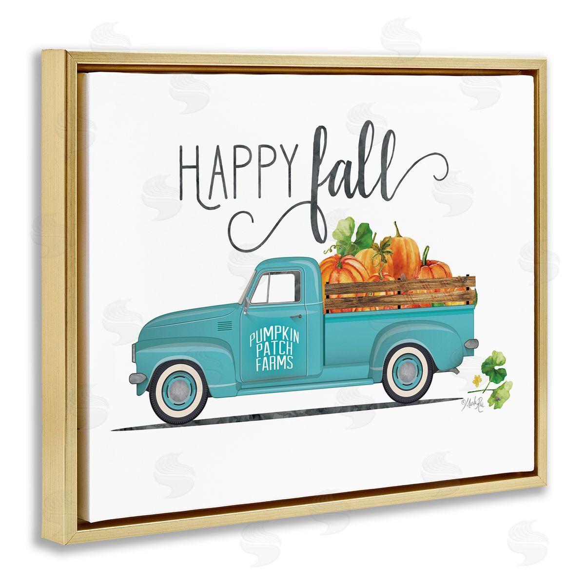 Marla Rae Happy Fall Blue Farm Truck Carrying Pumpkins  Gold Floating Frame Canvas Wall Art Print