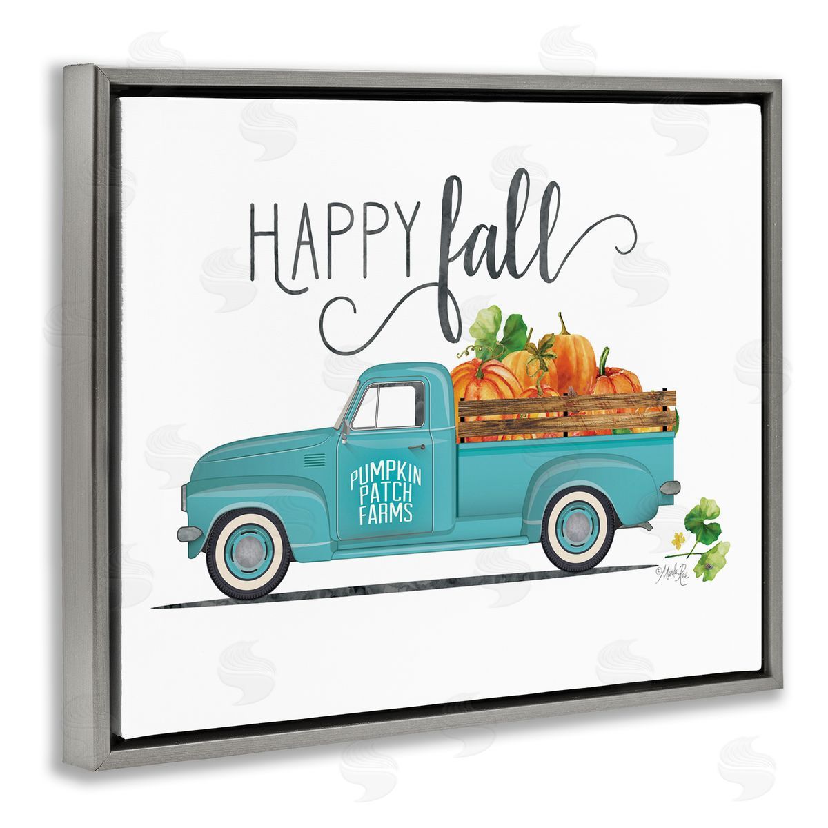 Marla Rae Happy Fall Blue Farm Truck Carrying Pumpkins  Gray Floating Frame Canvas Wall Art Print