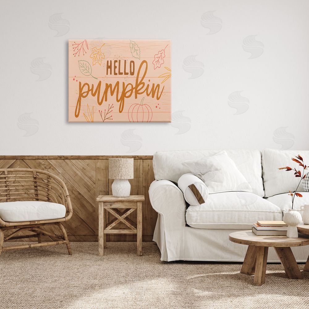 Nina Seven Hello Pumpkin Patterned Botanicals Autumn Phrase Canvas Wall Art Print in Room