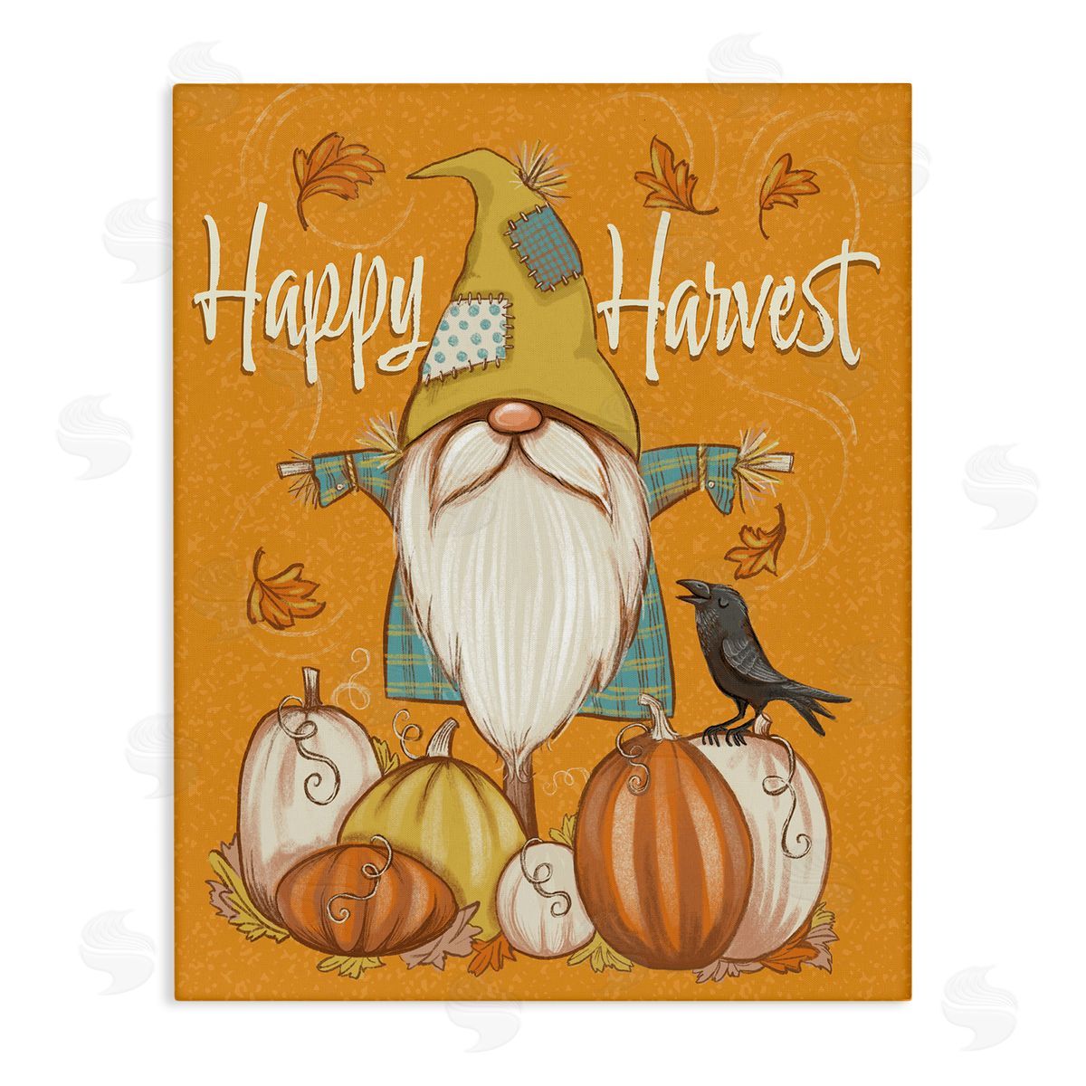 Figgy Puddings Happy Harvest Scarecrow Gnome Seasonal Pumpkins Crow Stretched Canvas Wall Art Print