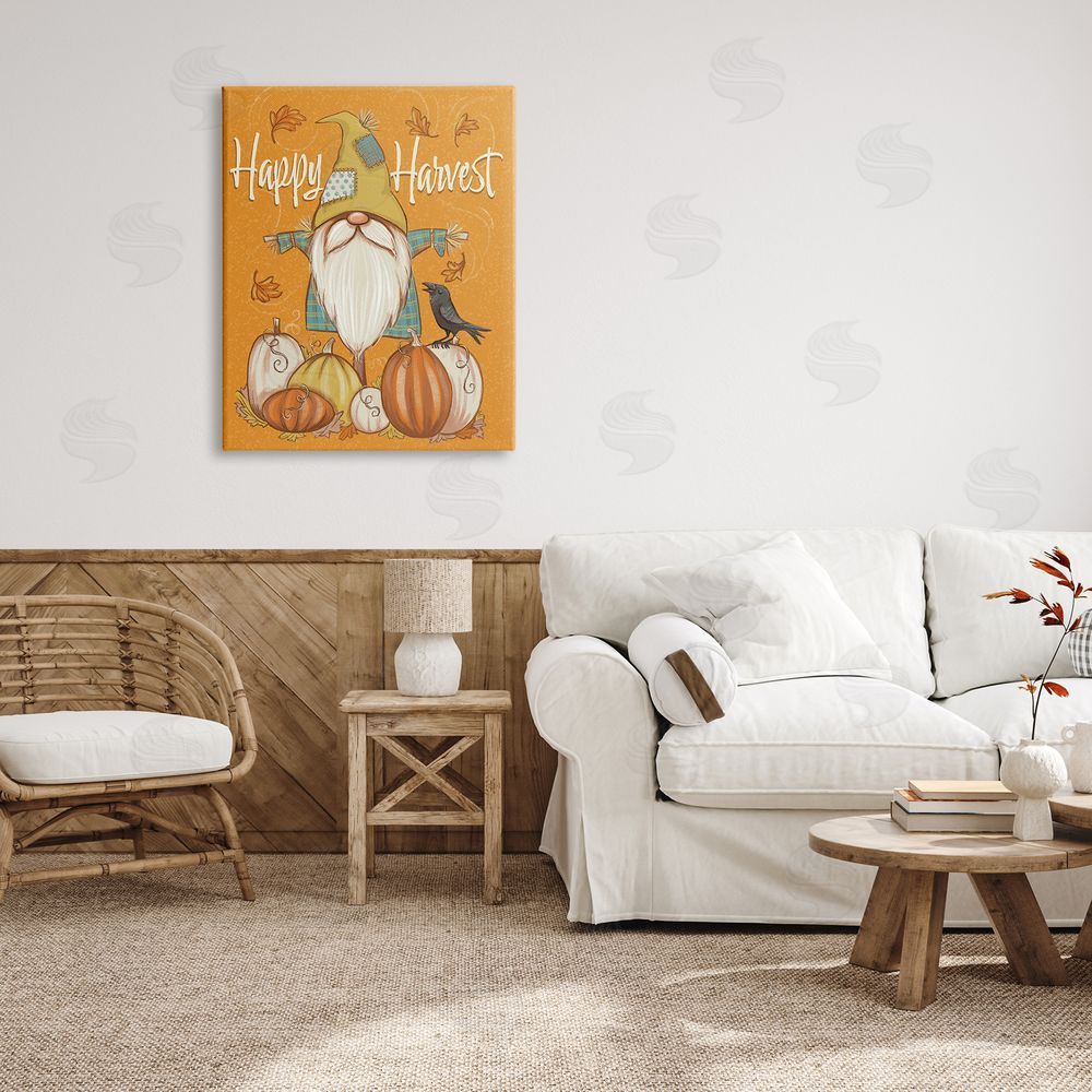 Figgy Puddings Happy Harvest Scarecrow Gnome Seasonal Pumpkins Crow Canvas Wall Art Print in Room