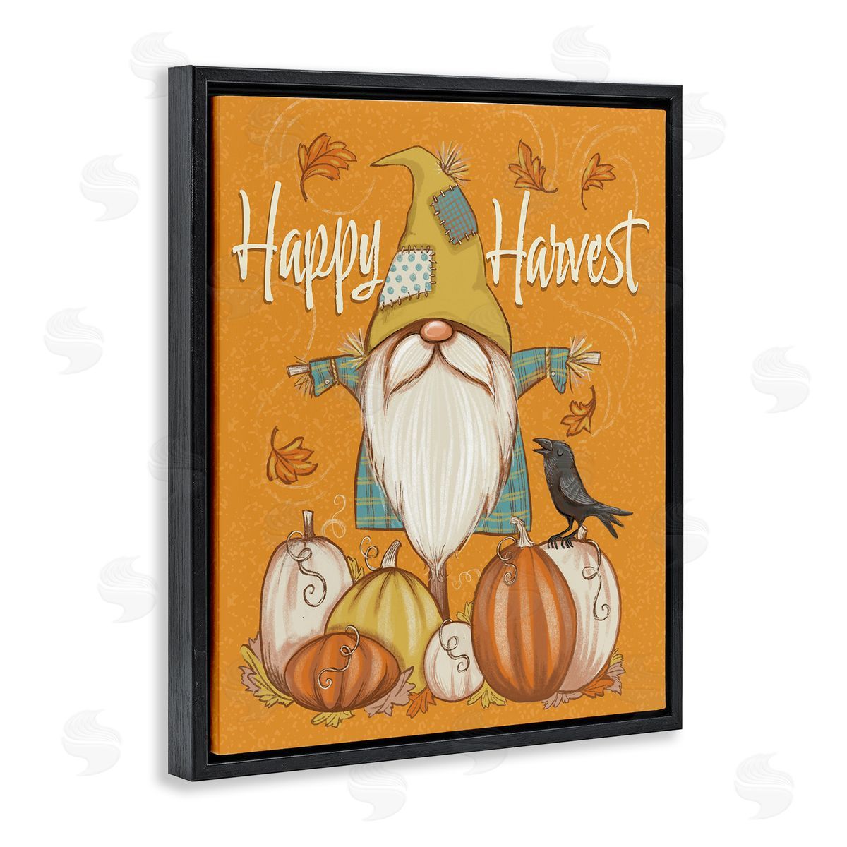 Figgy Puddings Happy Harvest Scarecrow Gnome Seasonal Pumpkins Crow Black Floating Frame Canvas Wall Art Print
