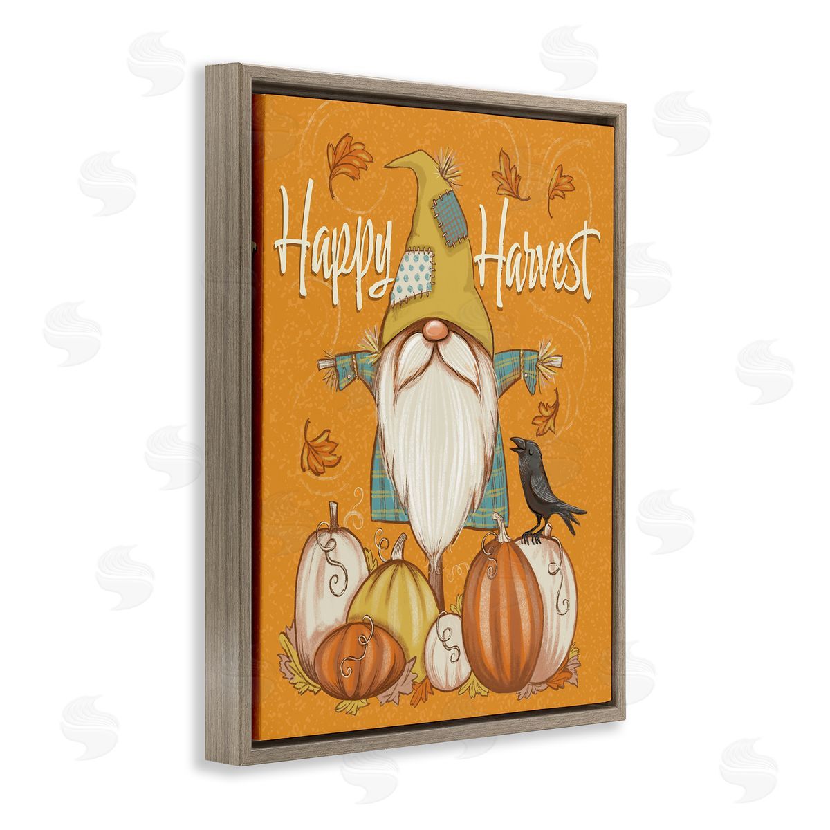 Figgy Puddings Happy Harvest Scarecrow Gnome Seasonal Pumpkins Crow Brown Floating Frame Canvas Wall Art Print