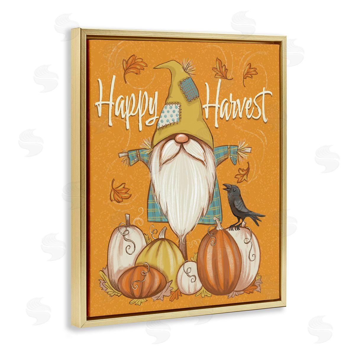 Figgy Puddings Happy Harvest Scarecrow Gnome Seasonal Pumpkins Crow Gold Floating Frame Canvas Wall Art Print