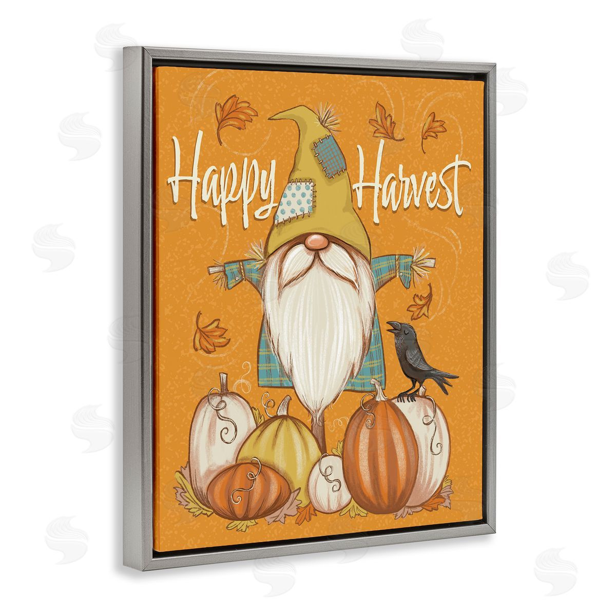 Figgy Puddings Happy Harvest Scarecrow Gnome Seasonal Pumpkins Crow Gray Floating Frame Canvas Wall Art Print