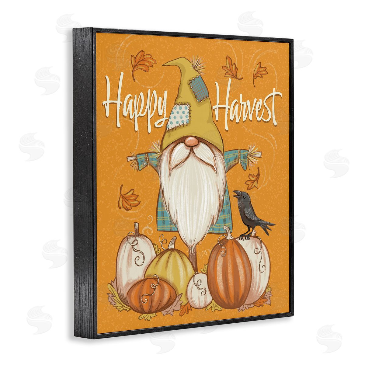 Figgy Puddings Happy Harvest Scarecrow Gnome Seasonal Pumpkins Crow Black Framed Giclee Wall Art Print