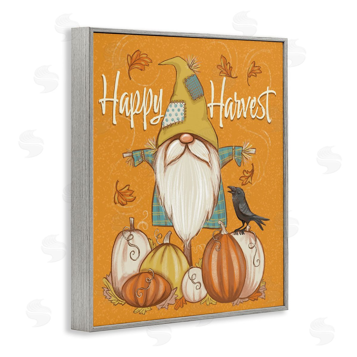 Figgy Puddings Happy Harvest Scarecrow Gnome Seasonal Pumpkins Crow Gray Framed Giclee Wall Art Print