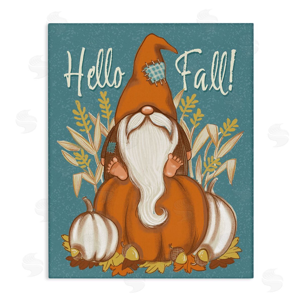Figgy Puddings Hello Fall Seasonal Garden Gnome Wheat Sprigs Pumpkins Stretched Canvas Wall Art Print