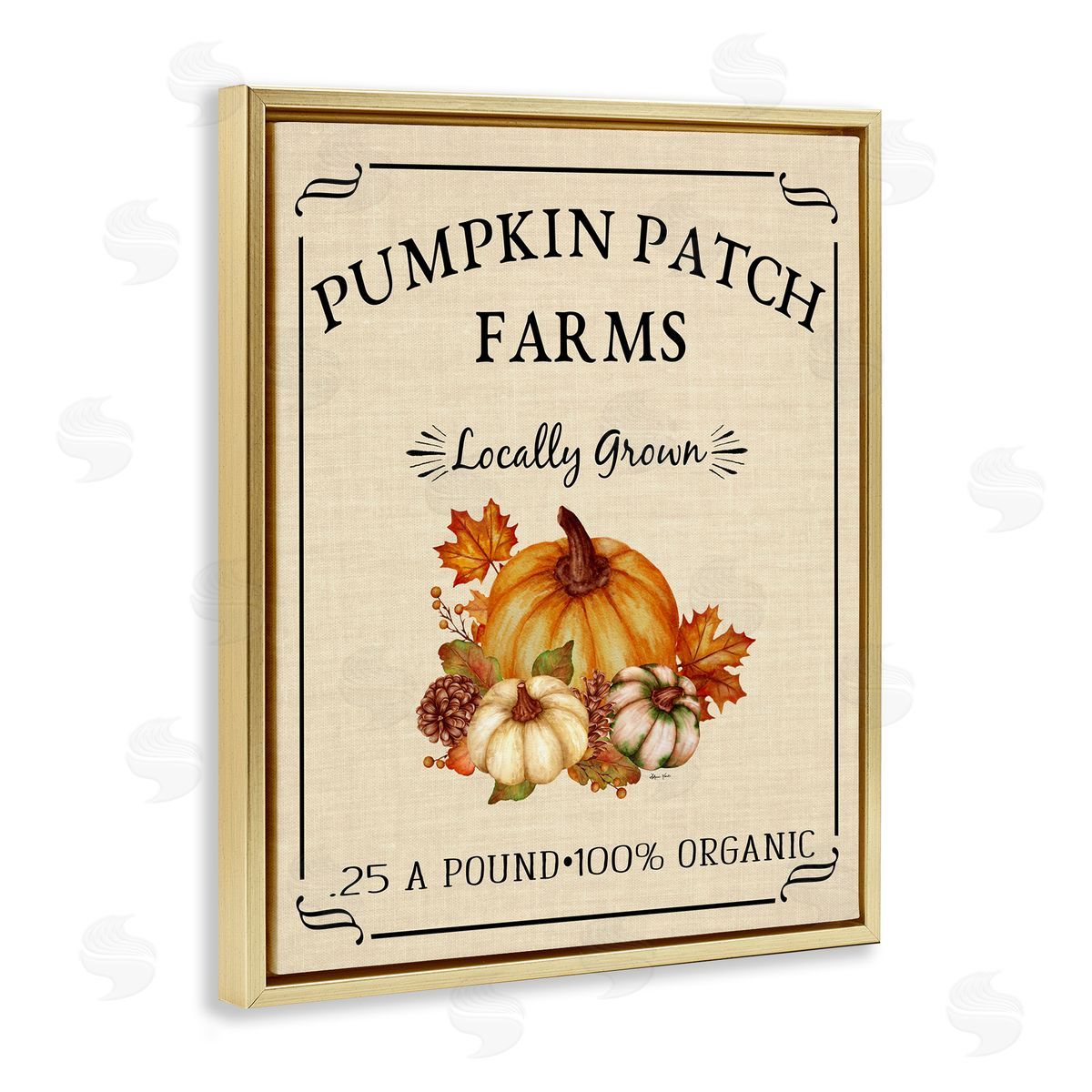 Sheri Hart Pumpkin Patch Farms Vintage Seasonal Autumn Sign  Gold Floating Frame Canvas Wall Art Print