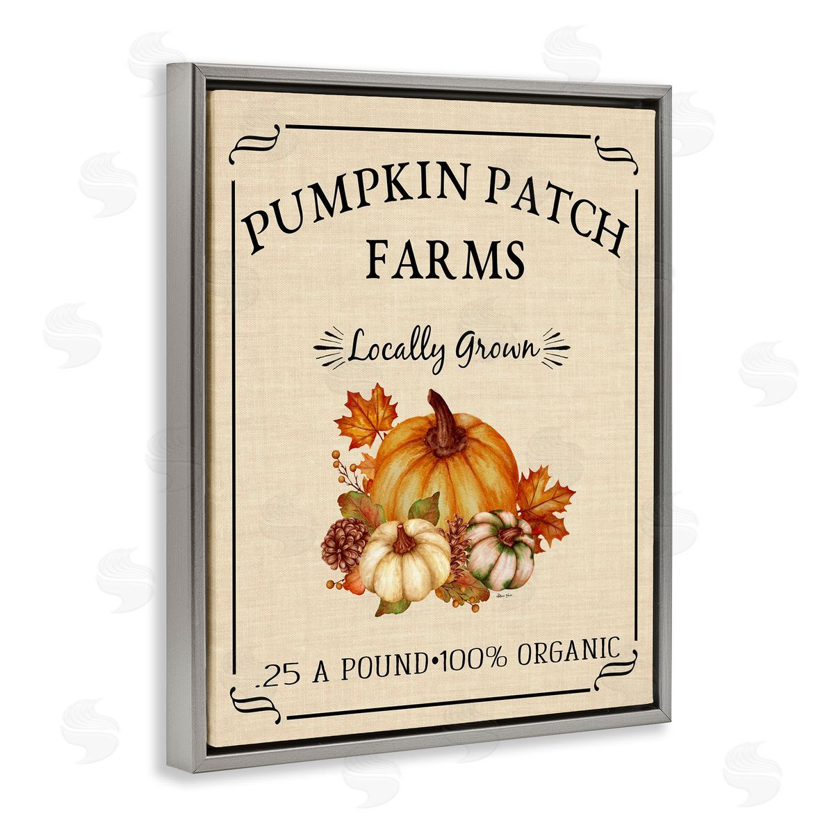 Sheri Hart Pumpkin Patch Farms Vintage Seasonal Autumn Sign  Gray Floating Frame Canvas Wall Art Print