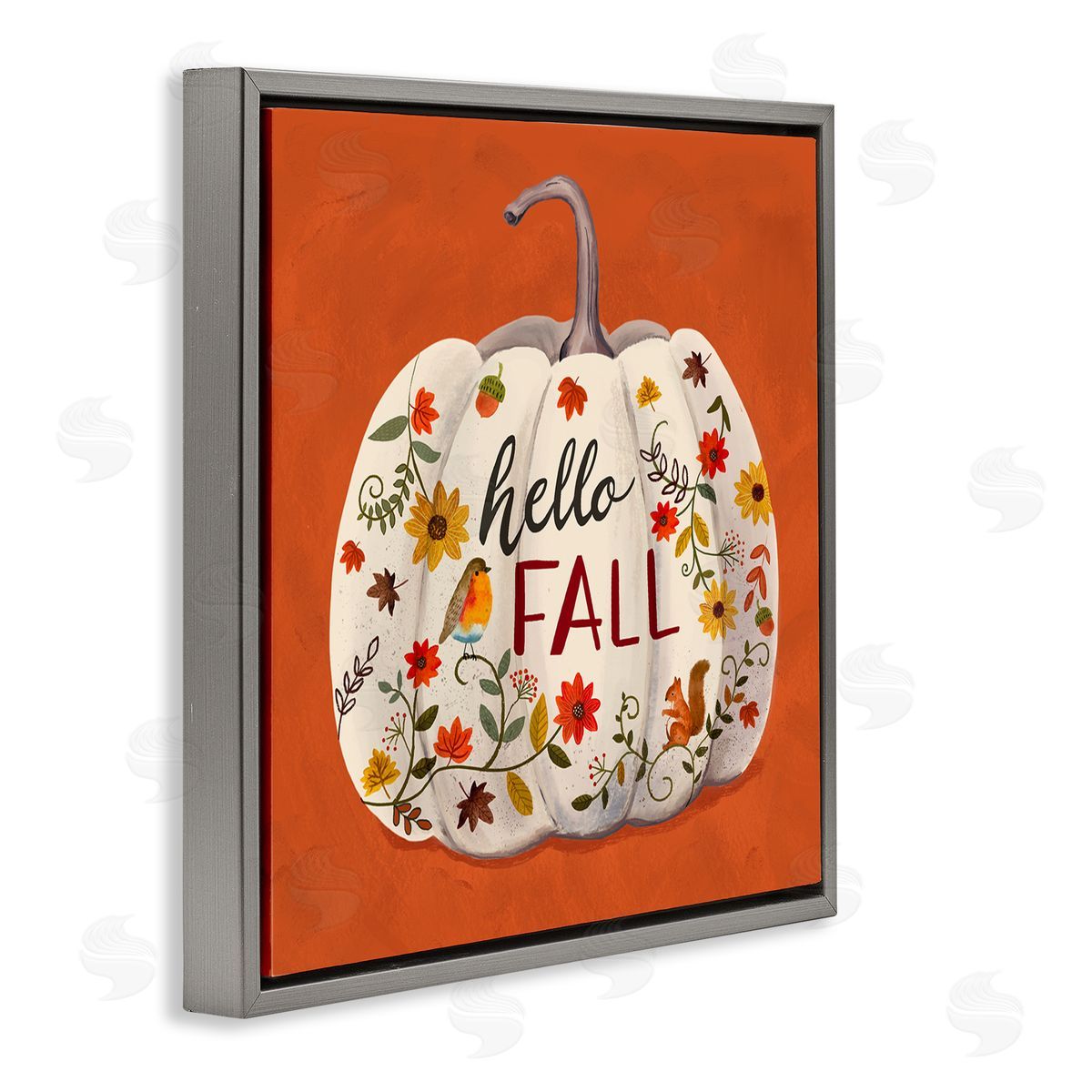 Sharon Lee Hello Fall Patterned White Pumpkin Floral Botanicals Gray Floating Frame Canvas Wall Art Print