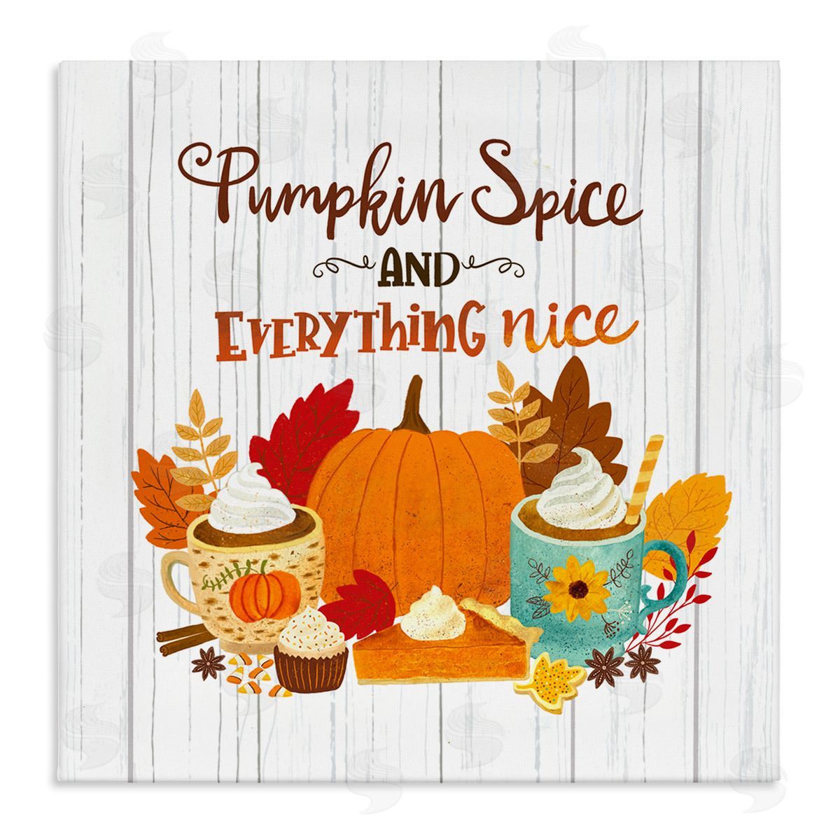 Sharon Lee Pumpkin Spice Mugs & Pie Floral Arrangement Calligraphy Stretched Canvas Wall Art Print