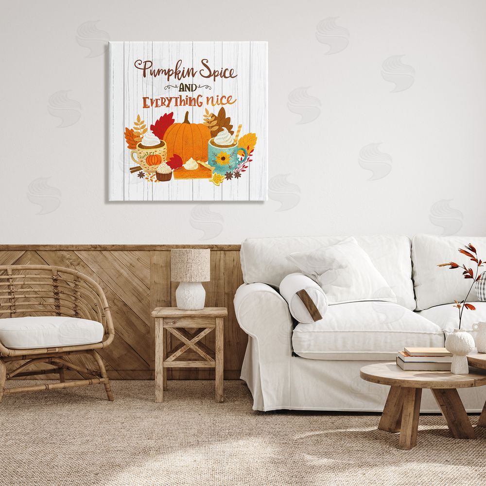 Sharon Lee Pumpkin Spice Mugs & Pie Floral Arrangement Calligraphy Canvas Wall Art in Room