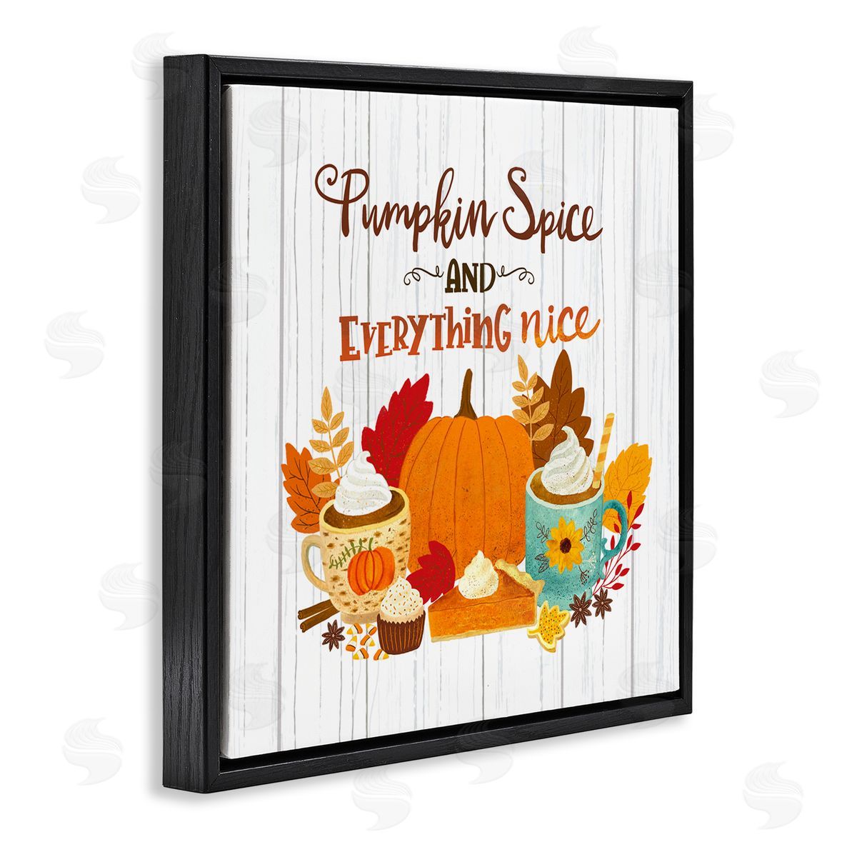 Sharon Lee Pumpkin Spice Mugs & Pie Floral Arrangement Calligraphy Black Floating Frame Canvas Wall Art Print