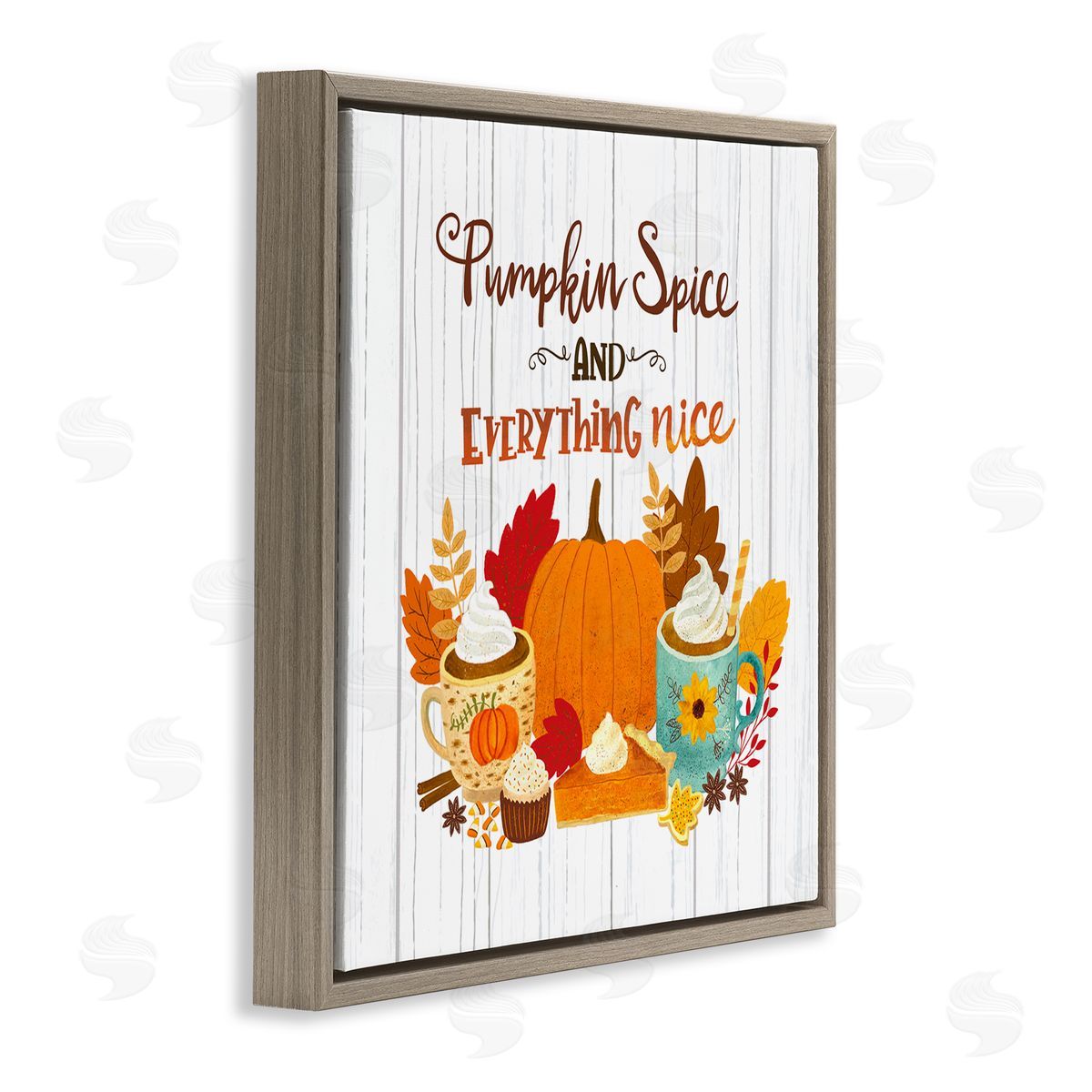 Sharon Lee Pumpkin Spice Mugs & Pie Floral Arrangement Calligraphy Brown Floating Frame Canvas Wall Art Print