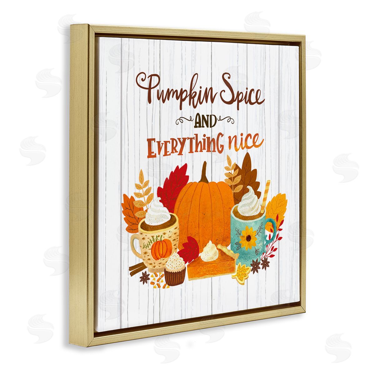 Sharon Lee Pumpkin Spice Mugs & Pie Floral Arrangement Calligraphy Gold Floating Frame Canvas Wall Art Print