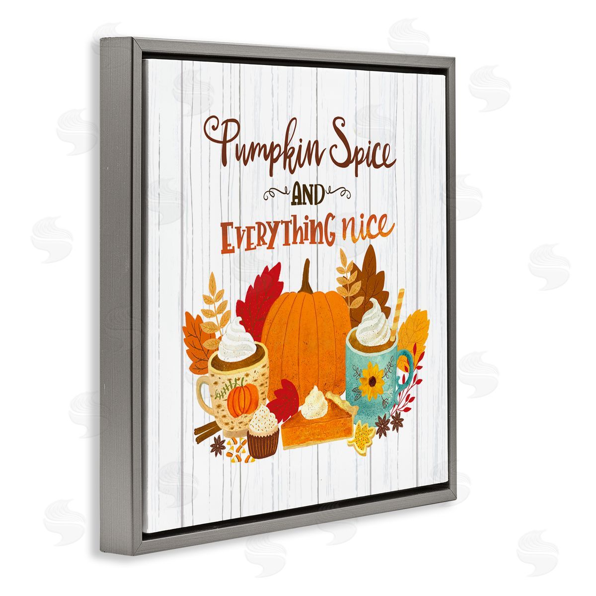 Sharon Lee Pumpkin Spice Mugs & Pie Floral Arrangement Calligraphy Gray Floating Frame Canvas Wall Art Print