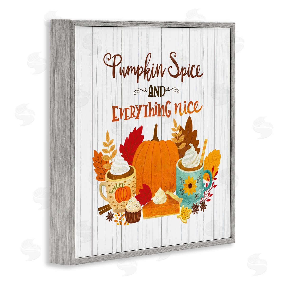 Sharon Lee Pumpkin Spice Mugs & Pie Floral Arrangement Calligraphy Gray Framed Glicee Wall Art Print