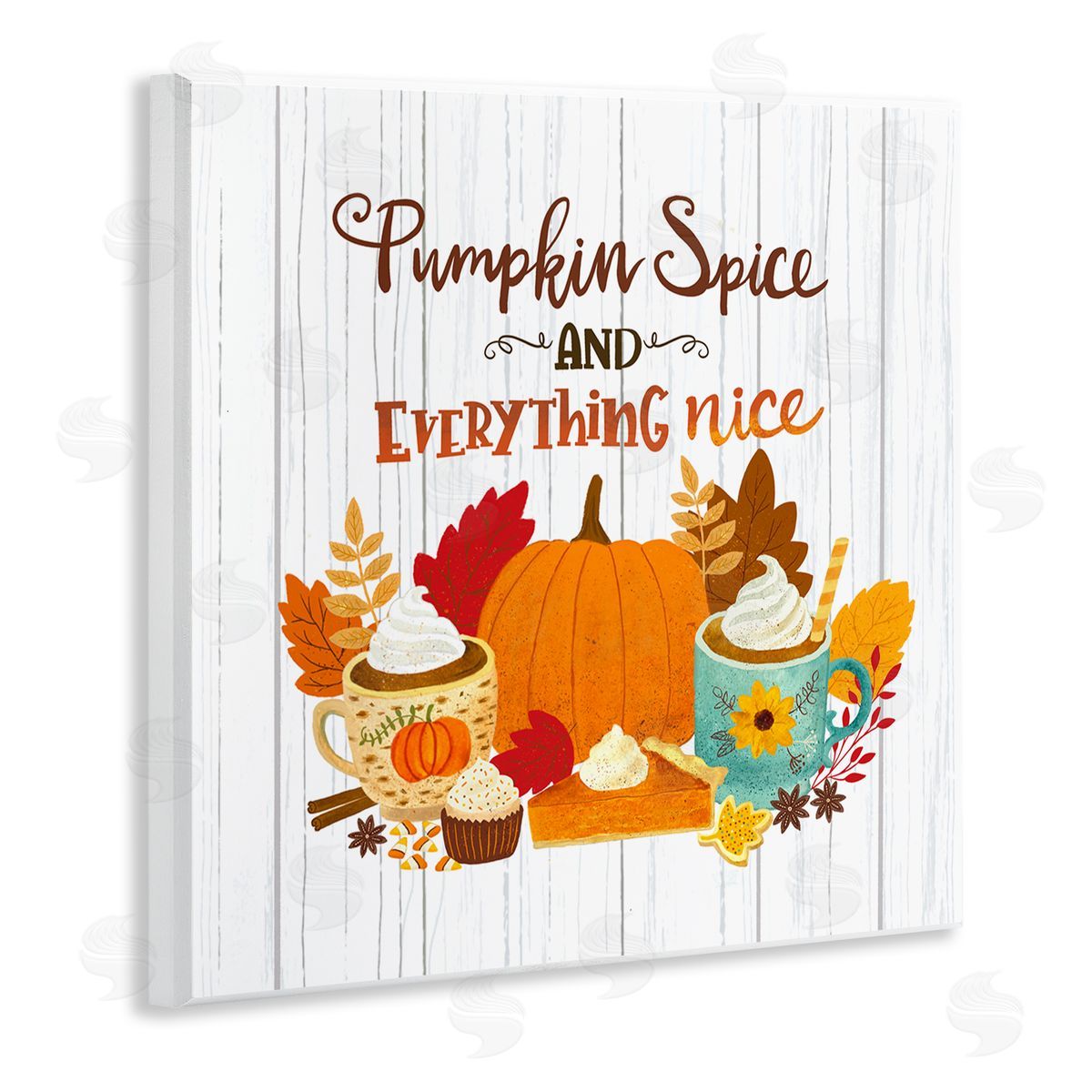 Sharon Lee Pumpkin Spice Mugs & Pie Floral Arrangement Calligraphy Wooden Wall Plaque Art Print