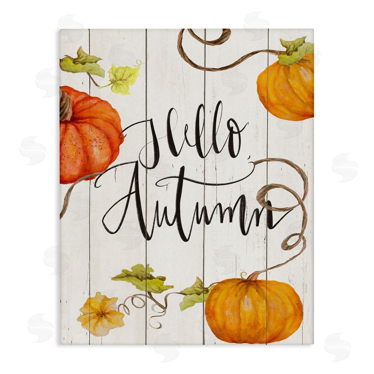Janice Gaynor Hello Autumn Calligraphy Sign Rustic Pumpkin Vines  Stretched Canvas Wall Art Print