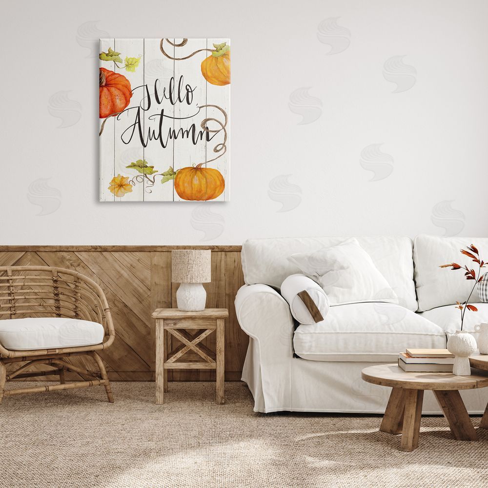 Janice Gaynor Hello Autumn Calligraphy Sign Rustic Pumpkin Vines  Canvas Wall Art Print in Room