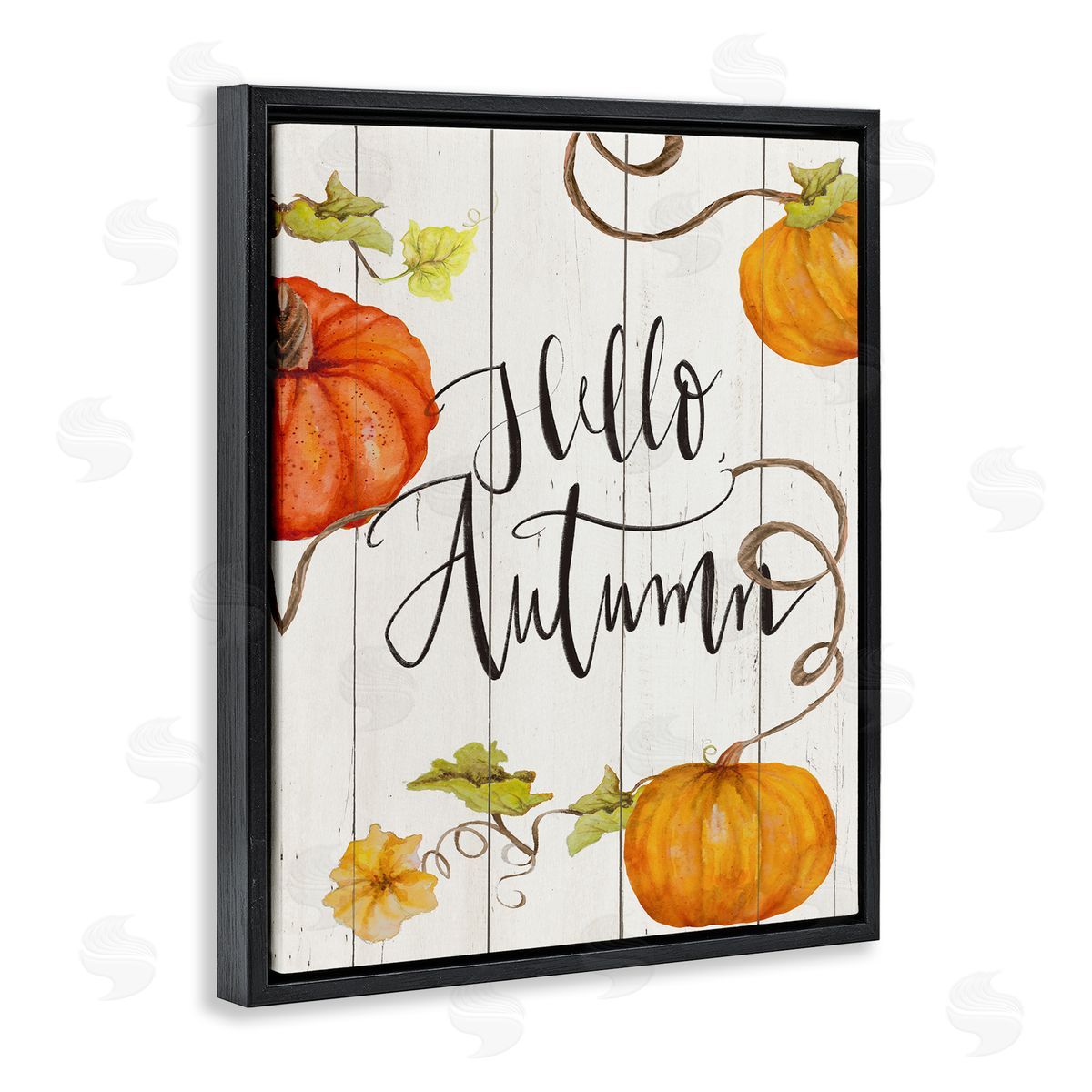 Janice Gaynor Hello Autumn Calligraphy Sign Rustic Pumpkin Vines  Black Floating Frame Canvas Wall Art Print