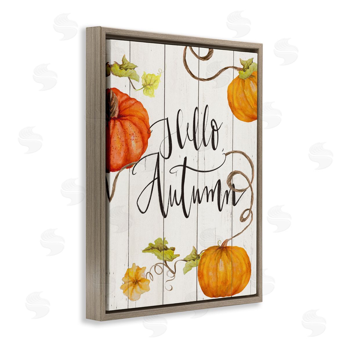Janice Gaynor Hello Autumn Calligraphy Sign Rustic Pumpkin Vines  Brown Floating Frame Canvas Wall Art Print