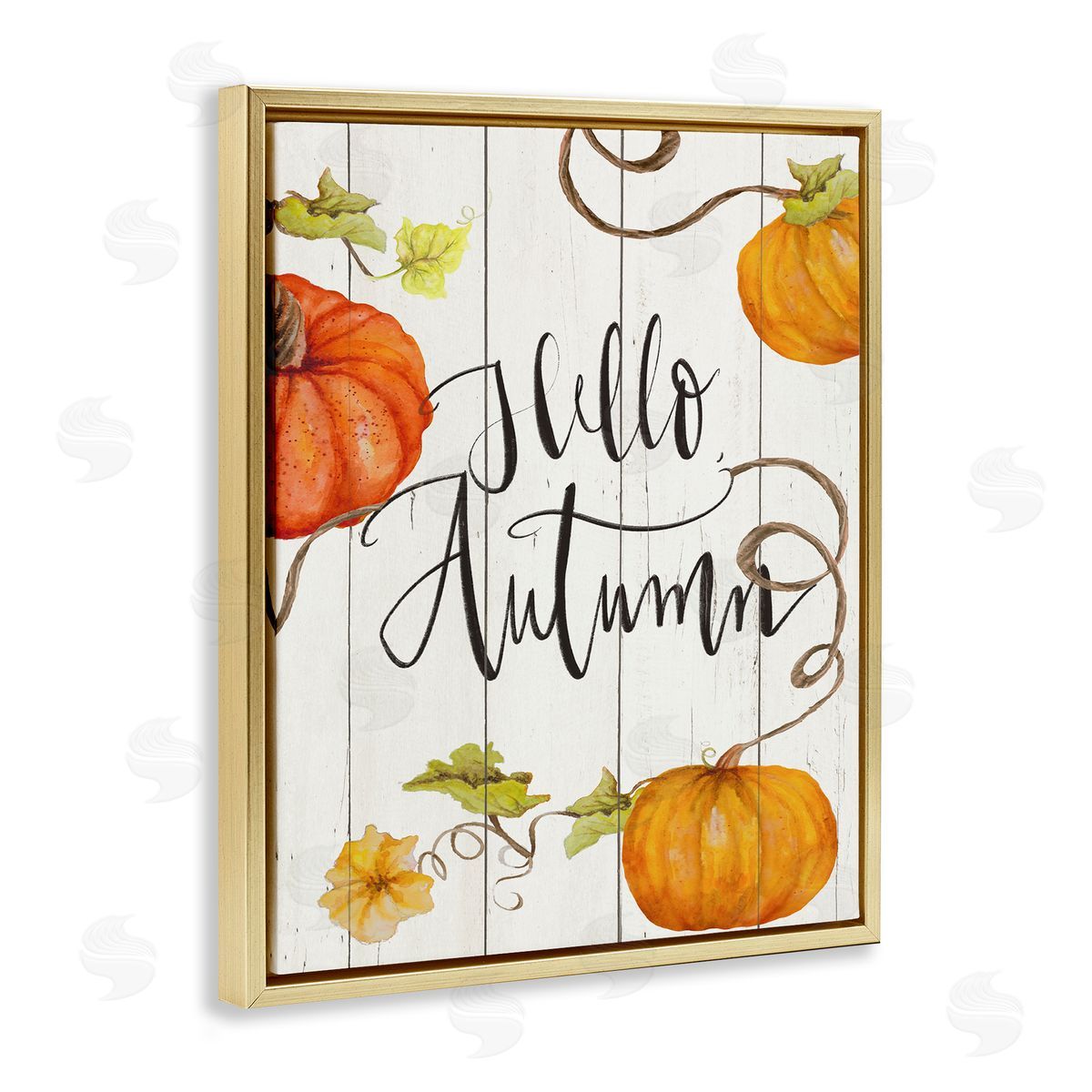 Janice Gaynor Hello Autumn Calligraphy Sign Rustic Pumpkin Vines  Gold Floating Frame Canvas Wall Art Print