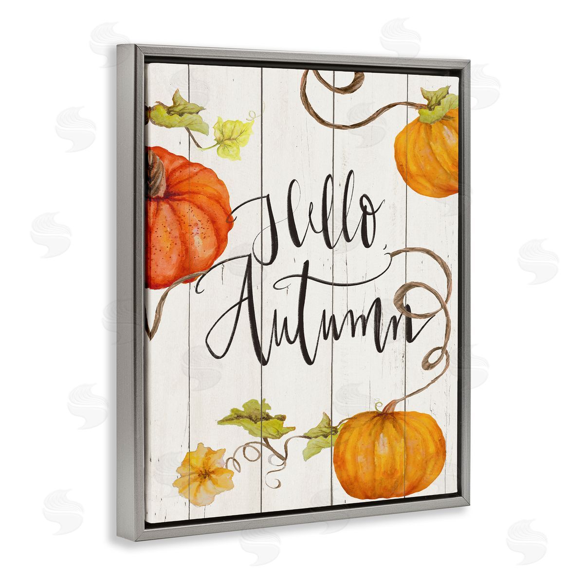 Janice Gaynor Hello Autumn Calligraphy Sign Rustic Pumpkin Vines  Gray Floating Frame Canvas Wall Art Print