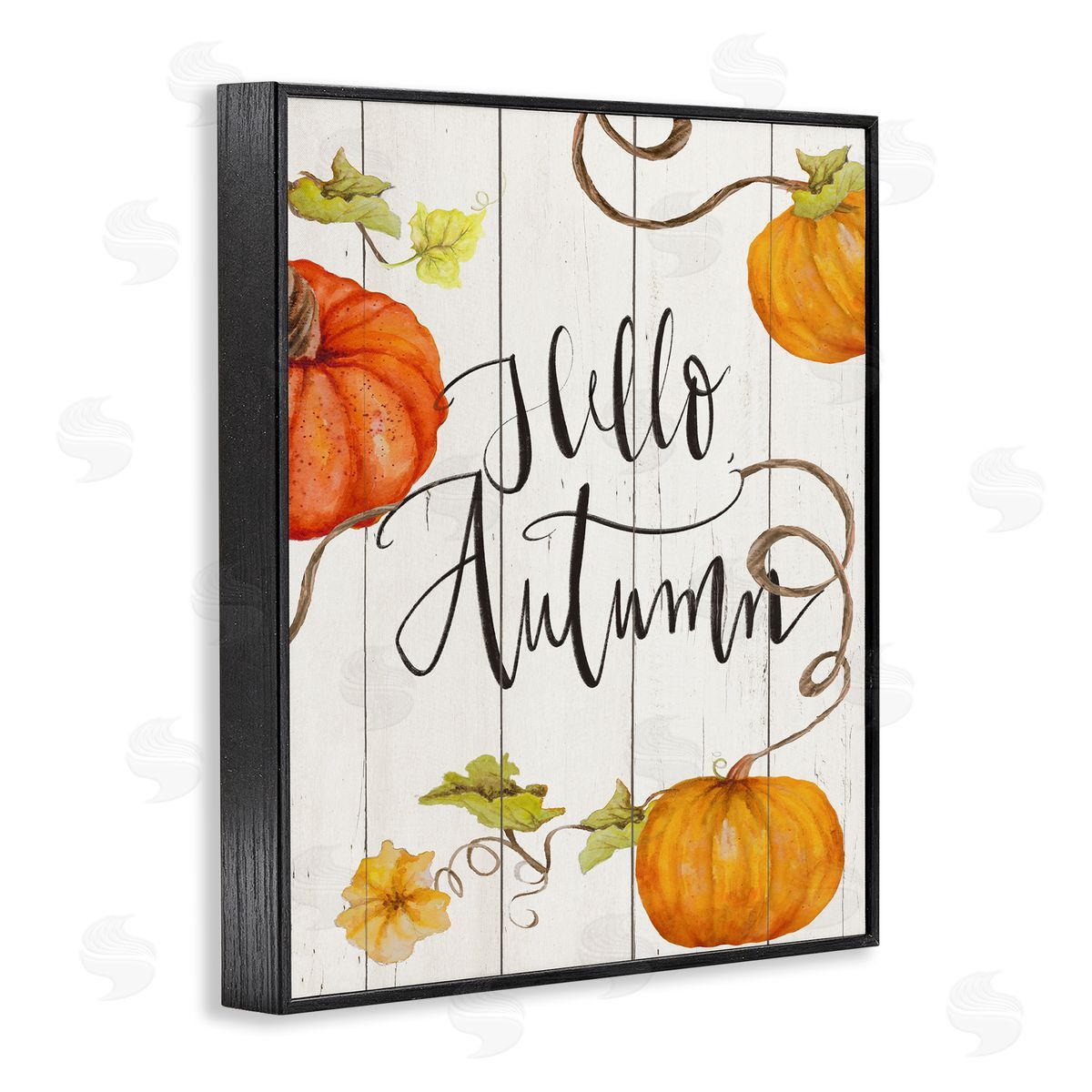 Janice Gaynor Hello Autumn Calligraphy Sign Rustic Pumpkin Vines  Black Framed Giclee Wall Art Print