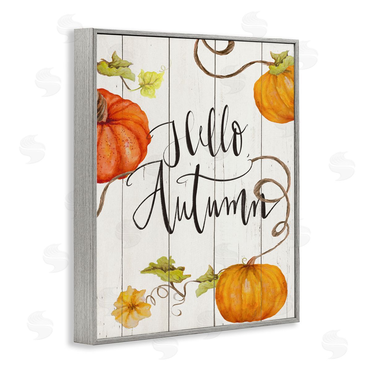 Janice Gaynor Hello Autumn Calligraphy Sign Rustic Pumpkin Vines  Gray Framed Giclee Wall Art Print