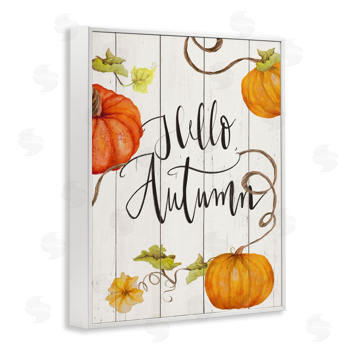 Janice Gaynor Hello Autumn Calligraphy Sign Rustic Pumpkin Vines  White Framed Giclee Wall Art Print