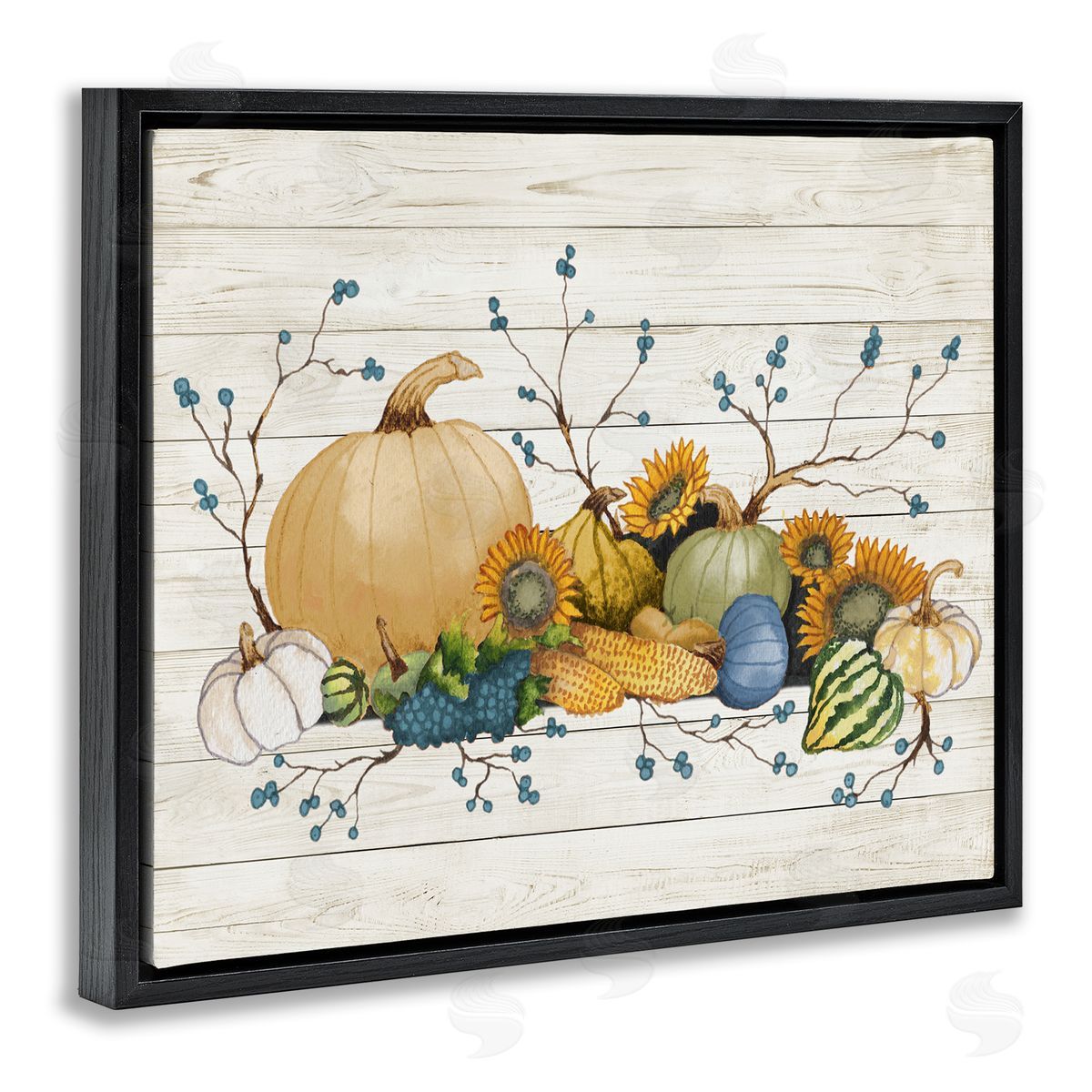 Elizabeth Medley Rustic Abundant Harvest Vegetables Fall Botanical Spread  Black Floating Frame Canvas Wall Art Print