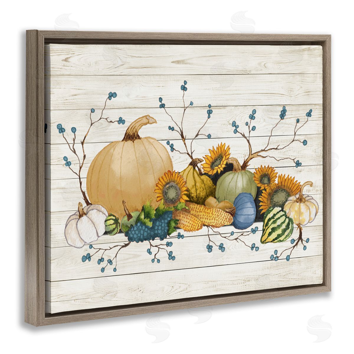 Elizabeth Medley Rustic Abundant Harvest Vegetables Fall Botanical Spread  Brown Floating Frame Canvas Wall Art Print